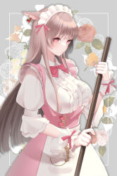 Rule 34 | 1girl, animal ears, apron, bow, bowtie, breasts, broom, brown hair, cat ears, collar, commission, dress, eyebrows hidden by hair, feet out of frame, final fantasy, final fantasy xiv, floral background, highres, holding, holding broom, kurosawa itsuki, large breasts, long bangs, long hair, looking at viewer, maid, maid headdress, miqo&#039;te, pink bow, pink bowtie, pink dress, pink eyes, shirt, skeb commission, solo, very long hair, waist apron, warrior of light (ff14), white collar, white headdress, white shirt