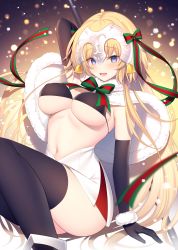 Rule 34 | 1girl, bell, black gloves, black thighhighs, blonde hair, blue eyes, blush, bow, breasts, capelet, christmas, cleavage, cosplay, dress, elbow gloves, fate/apocrypha, fate/grand order, fate (series), fur-trimmed capelet, fur trim, gloves, green bow, green ribbon, headpiece, highres, jeanne d&#039;arc (fate), jeanne d&#039;arc (ruler) (fate), jeanne d&#039;arc alter santa lily (fate), jeanne d&#039;arc alter santa lily (fate) (cosplay), large breasts, long hair, looking at viewer, miko (royal milk), multicolored ribbon, navel, open mouth, polearm, ribbon, short dress, smile, striped bow, striped ribbon, thighhighs, thighs, underboob, very long hair, weapon, white capelet, white dress