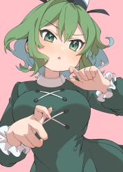 Rule 34 | 1girl, absurdres, black hat, blush, breasts, cross-laced clothes, dress, e sdss, frilled sleeves, frills, green dress, green eyes, green hair, hair between eyes, hat, highres, large breasts, long sleeves, open mouth, pink background, short hair, simple background, soga no tojiko, solo, tate eboshi, touhou, upper body