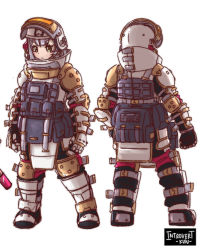 Rule 34 | 1girl, armor, armored boots, artist name, backpack, bag, black jumpsuit, blunt bangs, boots, bulletproof vest, character sheet, clenched hands, from behind, full body, gauntlets, genshin impact, grey eyes, helmet, highres, introvert-kun, jumpsuit, looking at viewer, noelle (genshin impact), pocket, short hair, sidelocks, simple background, solo, white background, white hair