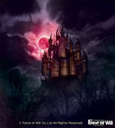 Rule 34 | bat (animal), castle, cloud, cloudy sky, copyright name, force of will, moon, moopic, night, night sky, no humans, official art, scenery, sky, tree