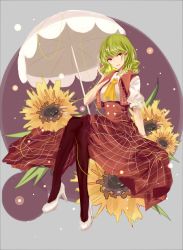 Rule 34 | 1girl, absurdres, ascot, bad id, bad pixiv id, black pantyhose, breasts, collared shirt, crossed legs, da malu, flower, green hair, hand in own hair, high heels, highres, kazami yuuka, light particles, long skirt, long sleeves, looking at viewer, open clothes, open vest, pantyhose, parasol, plaid, plaid skirt, plaid vest, red eyes, red skirt, red vest, shirt, shoes, short hair, sketch, skirt, skirt set, smile, solo, sunflower, touhou, umbrella, vest, white footwear, white shirt