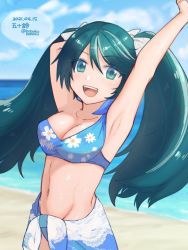 Rule 34 | 1girl, arms up, beach, bikini, blue bikini, blue sky, bobokuboboku, breasts, character name, cleavage, cloud, commentary request, cowboy shot, dated, day, floral print, green eyes, green hair, isuzu (kancolle), kantai collection, large breasts, long hair, looking at viewer, ocean, one-hour drawing challenge, outdoors, sarong, single-shoulder bikini, sky, solo, swimsuit, twintails, twitter username