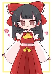 Rule 34 | 1girl, ascot, black hair, bow, brown eyes, collar, detached sleeves, frilled bow, frilled hair tubes, frills, hair bow, hair tubes, hakama, hakama skirt, hakurei reimu, highres, hime cut, japanese clothes, long hair, midriff, op na yarou, red bow, red hakama, red skirt, ribbon-trimmed sleeves, ribbon trim, skirt, skirt set, smile, touhou, v-shaped eyebrows, white collar, yellow ascot