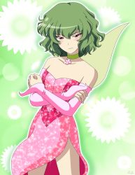 Rule 34 | 1girl, artist name, bare shoulders, blush, closed mouth, crossed arms, detached sleeves, dress, eyes visible through hair, fairy wings, fantasy, floral background, flower, green background, green hair, green neckwear, hair between eyes, hands up, highres, kazami yuuka, long sleeves, looking at viewer, no headwear, pink dress, pink sleeves, red eyes, remyfive, short hair, signature, solo, sparkle, sparkle print, standing, touhou, white flower, wings, winx club