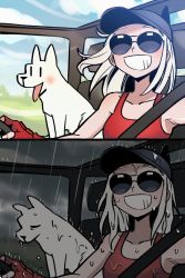 Rule 34 | 1girl, animal, bare shoulders, blouse, car, car interior, collarbone, day, dog, facing viewer, fingerless gloves, gloves, grin, helltaker, highres, instant loss, justice (helltaker), long hair, meme, motor vehicle, noah (tettsui-sole), rain, red gloves, red shirt, round eyewear, sad, shirt, smile, sunglasses, teeth, tongue, tongue out, water, wet, wet hair, white hair
