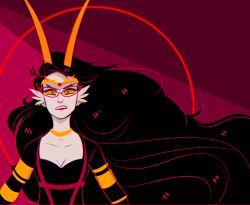 Rule 34 | 1girl, black bodysuit, black hair, bodysuit, breasts, fins, head fins, her imperious condescension, homestuck, large breasts, light-brights, long hair, solo, troll (homestuck), very long hair