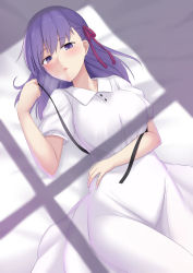 Rule 34 | 1girl, :o, akahi242, bed sheet, blush, breasts, collared dress, day, dress, fate/stay night, fate (series), from above, hair ribbon, hand on own stomach, head tilt, indoors, large breasts, long hair, looking at viewer, lying, matou sakura, official alternate costume, on back, open mouth, pink ribbon, purple eyes, purple hair, ribbon, short sleeves, solo, sunlight, white dress, window shadow