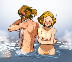 Rule 34 | 1boy, 1girl, ass, blonde hair, blonde pubic hair, blush, breasts, completely nude, crossed arms, embarrassed, female pubic hair, kukumomo, large breasts, link, mixed-sex bathing, navel, nintendo, nipples, nude, parted bangs, partially submerged, pointy ears, princess zelda, pubic hair, scar, scar on back, shared bathing, short hair, short ponytail, skinny dipping, steam, stomach, the legend of zelda, the legend of zelda: breath of the wild, the legend of zelda: tears of the kingdom, wading, water, wet, wide hips