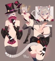 Rule 34 | 1boy, 2boys, absurdres, animal ear fluff, animal ears, anus, artist logo, artist name, ass, black bow, black footwear, black gloves, black headwear, blush, boots, bow, brown background, card, cat boy, choker, collarbone, commentary, covering crotch, covering own mouth, covering privates, crotchless, crotchless panties, elbow gloves, english commentary, erection, genshin impact, gloves, grey hair, grey tail, grey thighhighs, hair over one eye, hat, hat ribbon, heart, heart-shaped pupils, highleg, highleg panties, highres, lyney (genshin impact), male focus, matemi, multicolored hair, multiple boys, multiple views, navel, nipples, nude, panties, penis, pink bow, pink choker, pink hair, playing card, purple eyes, ribbon, shadow, short hair, simple background, spread anus, streaked hair, swept bangs, symbol-shaped pupils, teardrop facial mark, thighhighs, top hat, trap, underwear