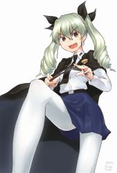 Rule 34 | 10s, 1girl, :d, anchovy (girls und panzer), anzio (emblem), anzio school uniform, artist name, belt, black belt, black cape, black necktie, black ribbon, black skirt, cape, commentary, dated, dress shirt, drill hair, emblem, foreshortening, girls und panzer, green hair, hair ribbon, holding, holding riding crop, kasai jushi, leg up, long hair, long sleeves, looking at viewer, miniskirt, necktie, open mouth, pantyhose, pleated skirt, red eyes, ribbon, riding crop, school uniform, shirt, simple background, skirt, smile, solo, standing, standing on one leg, twin drills, twintails, v-shaped eyebrows, white background, white pantyhose, white shirt, wing collar