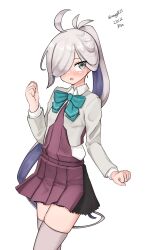Rule 34 | 1girl, absurdres, ahoge, asashimo (kancolle), asashimo kai ni (kancolle), blazer, cowboy shot, dress, grey eyes, grey hair, grey jacket, grey thighhighs, hair over one eye, halter dress, halterneck, highres, jacket, kantai collection, long hair, maru (marg0613), one-hour drawing challenge, pleated dress, ponytail, purple dress, school uniform, simple background, solo, standing, thighhighs, white background