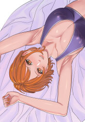 Rule 34 | 1girl, armpits, breasts, cleavage, collarbone, commentary, crop top, english commentary, highres, large breasts, looking at viewer, lying, medium hair, nami (one piece), on back, on bed, one piece, orange eyes, orange hair, smile, solo, teeth, uukkaa, white background