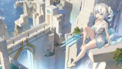 Rule 34 | 1girl, architecture, arm support, blue eyes, blue hair, blunt bangs, breasts, chinese commentary, cleavage, collarbone, commentary request, dolphenry, dress, eyelashes, feet, full body, gawr gura, gawr gura (party dress), grey hair, highres, hololive, hololive english, knee up, legs, lens flare, looking at viewer, medium hair, mixed-language commentary, multicolored hair, official alternate costume, open mouth, outdoors, polearm, sandals, scenery, shadow, sharp teeth, short dress, sidelocks, sitting, small breasts, solo, streaked hair, teeth, thighs, toes, trident, twintails, two side up, virtual youtuber, weapon