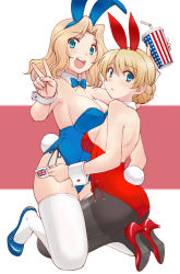 Rule 34 | 2girls, :d, american flag, american flag print, animal ears, ass, black legwear, blonde hair, blue bow, blue eyes, blue footwear, blue leotard, blue neckwear, bow, bowtie, braid, breasts, cleavage, collar, cup, darjeeling (girls und panzer), detached collar, drinking glass, drinking straw, fake animal ears, fake tail, flag print, girls und panzer, hair intakes, high heels, holding, holding cup, kay (girls und panzer), kneeling, large breasts, legs, leotard, long hair, looking at viewer, looking back, medium breasts, multiple girls, open mouth, pantyhose, parted lips, playboy bunny, rabbit ears, rabbit tail, red footwear, red leotard, short hair, side-tie leotard, skindentation, smile, straddling, strapless, strapless leotard, tail, textless version, thighhighs, union jack, uona telepin, v, white collar, white legwear, wing collar, wrist cuffs