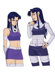 Rule 34 | absurdres, blackfire, breasts, closed mouth, commentary, covered navel, cropped legs, dc comics, english commentary, genniax, hand on own hip, highres, long hair, looking at viewer, medium breasts, navel, official alternate costume, purple eyes, purple hair, simple background, skirt, smile, teen titans, thighhighs, white background