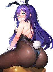 Rule 34 | 1girl, animal ears, ass, feet out of frame, from behind, green eyes, hair between eyes, highres, idolmaster, idolmaster million live!, leotard, long hair, looking at viewer, looking back, mochizuki anna, pantyhose, playboy bunny, purple hair, qianlou (qianlou12374), rabbit ears, rabbit tail, simple background, sitting, solo, tail, white background, wide hips, wrist cuffs