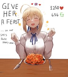 Rule 34 | 1girl, absurdres, ahoge, artoria pendragon (all), artoria pendragon (fate), beans, blonde hair, blue ribbon, bow, bread slice, closed mouth, eating, english text, fate/grand order, fate/stay night, fate (series), food, fork, gloves, green eyes, hair between eyes, hair ribbon, happy, heart, hh (hehexd06161704), highres, knife, long hair, long sleeves, looking at food, neck ribbon, plate, ribbon, saber (fate), shirt, sidelocks, simple background, smile, solo, star (symbol), table, toast, union jack, upper body, white background, white shirt