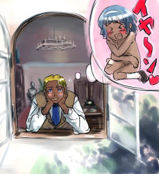 Rule 34 | &gt; &lt;, 1girl, 2boys, black footwear, blonde hair, blue eyes, blue hair, blush, breasts, brown shirt, chandelier, collared shirt, covering privates, covering breasts, ascot, dark skin, dark-skinned male, desk, door, drawer, embarrassed, closed eyes, guin sard lineford, gundam, hairband, hands on own cheeks, hands on own face, happy, heart, imagining, leaf, lips, looking outside, looking up, loran cehack, multiple boys, nude, open mouth, open window, phone, plant, shirt, shoes, short hair, sitting, sketch, small breasts, smile, standing, statue, sunlight, thought bubble, trap, turn a gundam, vest, wariza, white legwear, white shirt, window, windowsill