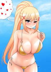 Rule 34 | 1girl, absurdres, arm behind back, bare shoulders, bikini, blonde hair, blue eyes, blue sky, blush, braid, breasts, cleavage, closed mouth, cloud, collarbone, commentary, cowboy shot, darkness (konosuba), day, english commentary, gluteal fold, hair between eyes, hair ornament, heart, high ponytail, highres, kono subarashii sekai ni shukufuku wo!, large breasts, leaning forward, long hair, looking at viewer, navel, one eye closed, outdoors, pulled by self, side-tie bikini bottom, skindentation, sky, solo, strap pull, string bikini, swimsuit, the only shoe, thigh gap, thought bubble, wide hips, x hair ornament, yellow bikini