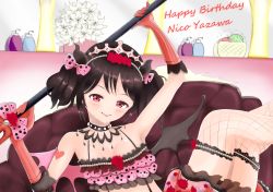 Rule 34 | 1girl, artist name, artist request, bare shoulders, black choker, black hair, blush, bow, breasts, choker, collarbone, curled horns, curly hair, demon girl, demon horns, demon tail, demon wings, elbow gloves, female focus, floral print, flower, gloves, grey wings, hair between eyes, hair bow, hair flower, hair ornament, heart, heart tattoo, highres, holding, holding trident, horns, kafein (caffeine2133), legs up, looking at viewer, love live!, love live! school idol festival, love live! school idol project, midriff, navel, parted lips, pink flower, pink gloves, pink rose, polka dot, polka dot bow, purple flower, purple rose, red bow, red eyes, red flower, red rose, red skirt, rose, rose print, short hair, shoulder tattoo, sidelocks, skirt, small breasts, smile, solo, striped clothes, striped gloves, tail, tattoo, tiara, twintails, vertical-striped clothes, vertical-striped gloves, wings, yazawa nico