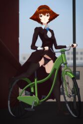 Rule 34 | 1girl, android, bicycle, black dress, brown hair, dress, hairband, highres, panties, r dorothy wayneright, robot, the big o, thighhighs, thighs, underwear