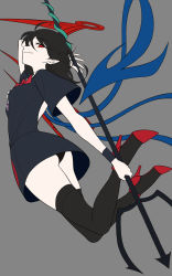 Rule 34 | 1girl, ahoge, ass, asymmetrical wings, backless dress, backless outfit, black dress, black hair, black panties, black thighhighs, blue wings, bow, bowtie, dress, eyelashes, flat color, from below, full body, grey background, highres, holding, holding weapon, houjuu nue, looking at viewer, looking down, panties, pantyshot, pointy ears, polearm, red bow, red bowtie, red eyes, red footwear, red wings, short dress, short hair, short sleeves, simple background, smile, smirk, snake, solo, thighhighs, touhou, trident, underwear, weapon, wings, xianjian lingluan