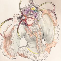 Rule 34 | 1girl, arms up, bow, closed mouth, colored pencil (medium), eyeball, frilled sleeves, frills, frown, hair ornament, hairband, hands up, heart, heart of string, highres, komeiji satori, long sleeves, looking up, miyako yamamoto, one-hour drawing challenge, pink hair, purple eyes, shirt, short hair, simple background, solo, third eye, touhou, traditional media, upper body, wide sleeves