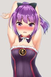 Rule 34 | 1girl, alternate hairstyle, armpits, arms up, artist request, bare shoulders, blush, breasts, commentary request, detached sleeves, fate/grand order, fate (series), helena blavatsky (fate), highres, looking at viewer, open mouth, ponytail, purple eyes, purple hair, short hair, simple background, small breasts, solo, strapless, tears, sefirot