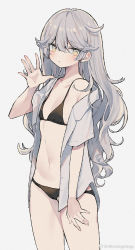 Rule 34 | 1girl, bare shoulders, black bra, black panties, bra, cowboy shot, expressionless, flat chest, grey hair, hand up, highres, long hair, long sleeves, looking at viewer, mimelond, navel, no pants, off shoulder, open clothes, open shirt, original, panties, parted lips, shirt, simple background, solo, standing, stomach, string bra, thighs, underwear, white background, white shirt, yellow eyes