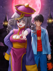 Rule 34 | 1boy, 1girl, absurdres, bat (animal), black hair, breasts, chinese clothes, cleavage, cleavage cutout, clothing cutout, commentary request, commission, cosplay, drill hair, full moon, grey hair, halloween bucket, halloween costume, hand on own hip, hat, highres, idolmaster, idolmaster cinderella girls, jiangshi, kanzaki ranko, large breasts, lei lei, lei lei (cosplay), looking at viewer, moon, ofuda, one eye closed, pointing, pointing at viewer, producer (idolmaster), producer (idolmaster cinderella girls anime), qingdai guanmao, red eyes, red moon, skeb commission, toi1et paper, twin drills, vampire (game)