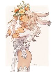 Rule 34 | 1girl, animal ears, warrior of light (ff14), bouquet, bracer, breasts, brown eyes, cleavage, dark-skinned female, dark skin, final fantasy, final fantasy xiv, flower, from side, highres, holding, holding bouquet, kuroimori, long hair, looking at viewer, medium breasts, rabbit ears, simple background, solo, thighhighs, two-tone background, viera, white hair