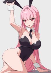 Rule 34 | 1girl, animal, animal ears, armpits, breasts, cleavage, costume, highres, hololive, hololive english, large breasts, long hair, mori calliope, pink hair, playboy, rabbit, rabbit ears, red eyes, solo, thighs, very long hair, virtual youtuber, zeropen
