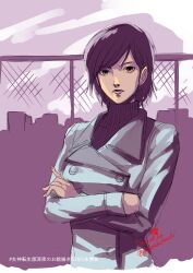 1girl building closed_mouth coat crossed_arms expressionless fence gin&#039;oya jacket looking_at_viewer purple_background purple_theme shin_megami_tensei shin_megami_tensei_iii:_nocturne short_hair sketch solo sweater takao_yuko turtleneck turtleneck_sweater twitter_username upper_body