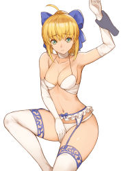 Rule 34 | 1girl, 1other, ahoge, arm above head, arm grab, arm up, armpits, artoria pendragon (all), artoria pendragon (fate), bare shoulders, blonde hair, blue bow, bow, bra, breasts, closed mouth, collarbone, commentary request, elbow gloves, face, fate/grand order, fate (series), frown, garter belt, gloves, green eyes, hair bow, highres, looking at viewer, medium hair, panties, ponytail, revision, saber (fate), simple background, sitting, small breasts, solo focus, thighhighs, tsuki suigetsu, underwear, underwear only, white background, white bra, white gloves, white panties, white thighhighs