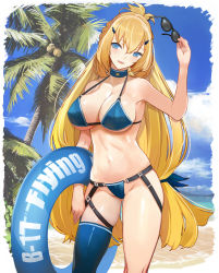 Rule 34 | 1girl, :d, armpits, ash arms, bare shoulders, bikini, blonde hair, blue bikini, blue eyes, blush, braid, breasts, choker, cleavage, coconut tree, folded ponytail, groin, hair ornament, hairclip, head tilt, highres, holding, holding removed eyewear, innertube, large breasts, long hair, looking at viewer, multiple straps, navel, open mouth, palm tree, pupps, shiny skin, sidelocks, single thighhigh, skindentation, smile, solo, stomach, sunglasses, swim ring, swimsuit, thighhighs, toned, tree, unworn eyewear