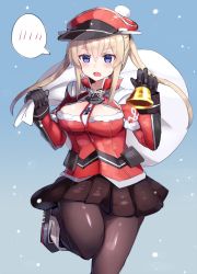 Rule 34 | 1girl, adapted costume, bell, black gloves, black pantyhose, black skirt, blonde hair, blue background, blue eyes, capelet, cross, gloves, gradient background, graf zeppelin (kancolle), hair between eyes, hat, highres, iron cross, kantai collection, military, military hat, military uniform, nonon (xenonbot), pantyhose, peaked cap, pleated skirt, red hat, sack, sidelocks, skirt, snow, solo, spoken blush, twintails, uniform