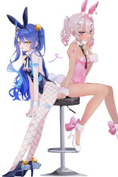 2girls ahoge amamiya_kokoro animal_ears arm_tattoo bell black_nails blue_hair blue_leotard breasts chair dark-skinned_female dark_skin detached_collar emi537469 fake_animal_ears fake_tail fang fishnet_pantyhose fishnets fur_cuffs grey_hair hair_bell hair_ornament hand_on_own_face high_heels highres jingle_bell leotard long_hair matsukai_mao multiple_girls nijisanji open_mouth pantyhose pink_leotard playboy_bunny purple_eyes rabbit_ears rabbit_tail simple_background sitting small_breasts smile strapless strapless_leotard tail tattoo twintails very_long_hair virtual_youtuber white_background wrist_cuffs x_hair_ornament yellow_eyes