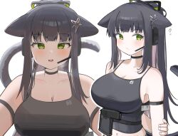 1girl absurdres animal_ears arknights arm_strap bare_shoulders black_collar black_hair black_tail blush breasts breath bright_pupils camisole cleavage closed_mouth clothes_writing collar collarbone colored_inner_hair come_hither fingernails flying_sweatdrops green_eyes gun hand_on_own_arm handgun headset highres holstered jessica_(arknights) large_breasts looking_at_viewer multicolored_hair multiple_views open_mouth pink_hair sidelocks simple_background sleeveless smile spaghetti_strap spam_(spamham4506) sweatdrop tail tail_raised weapon white_background white_pupils