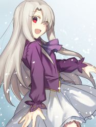Rule 34 | 1girl, :d, ascot, fate/stay night, fate (series), floating hair, frilled skirt, frills, gradient background, hair over one eye, illyasviel von einzbern, long hair, long sleeves, looking at viewer, miniskirt, nikame, open mouth, purple ascot, purple shirt, red eyes, shirt, silver hair, skirt, smile, solo, very long hair, white skirt
