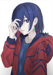 Rule 34 | 1girl, blue eyes, blue hair, blue shirt, braid, colored inner hair, commentary request, diamond earrings, drop earrings, earrings, expressionless, hair over one eye, hand up, highres, hood, hood down, hooded jacket, jacket, jewelry, kamitsubaki studio, long sleeves, looking at viewer, medium hair, multicolored eyes, multicolored hair, nekoreito, one eye covered, open clothes, open jacket, parted lips, playing with own hair, red eyes, red hair, red jacket, rim (kamitsubaki studio), shirt, side braid, simple background, solo, upper body, virtual youtuber, white background, yellow pupils