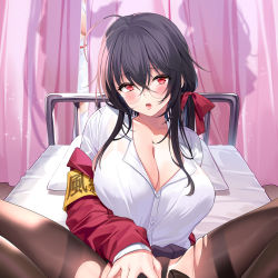 Rule 34 | 3girls, absurdres, ahoge, armband, azur lane, bed, black hair, black panties, bra, bra visible through clothes, breasts, brown pantyhose, cleavage, collarbone, collared shirt, dress shirt, glasses, hair ribbon, has bad revision, has downscaled revision, highres, hospital bed, indoors, jacket, large breasts, long hair, looking at viewer, md5 mismatch, multiple girls, off shoulder, official alternate costume, on bed, open mouth, panties, pantyhose, red eyes, red jacket, resolution mismatch, ribbon, rimless eyewear, round eyewear, school uniform, see-through, shirt, silveroid, sitting, skindentation, source smaller, spread legs, taihou (azur lane), taihou (sweet time after school) (azur lane), thighband pantyhose, tongue, tongue out, torn clothes, torn pantyhose, underwear, white bra, white shirt, yellow armband