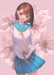 Rule 34 | 1girl, :d, arms behind back, blue sailor collar, blue skirt, blush, breasts, brown eyes, brown hair, commentary request, cowboy shot, flower, highres, looking at viewer, makitoshi0316, nisekoi, onodera kosaki, open mouth, pink background, pink flower, pleated skirt, sailor collar, school uniform, serafuku, short hair, skirt, smile, solo