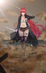 Rule 34 | 1girl, alios arvin, bad id, bad pixiv id, bandages, breasts, cleavage, dual wielding, groin, highres, holding, large breasts, long hair, navel, original, pink hair, ponytail, reverse grip, solo, thighhighs, war