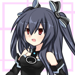 Rule 34 | 10s, 1girl, :d, bare shoulders, black hair, blush, bow, breasts, choujigen game neptune mk2, elbow gloves, gloves, hair bow, hair ornament, hair ribbon, long hair, meimu (infinity), neptune (series), open mouth, red eyes, ribbon, simple background, small breasts, smile, solo, twintails, two side up, uni (neptunia), upper body