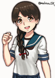 Rule 34 | 1girl, blue sailor collar, blue skirt, braid, brown neckerchief, clenched hand, hair over shoulder, kantai collection, long hair, looking at viewer, maakun (makun dx), neckerchief, one-hour drawing challenge, sailor collar, school uniform, serafuku, simple background, single braid, skirt, solo, twitter username, upper body, uranami (kancolle), white background