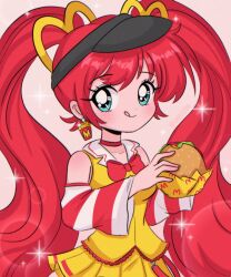 Rule 34 | 1990s (style), 1girl, absurdres, black hat, blue eyes, blush, bow, bowtie, burger, chellyko, choker, detached sleeves, earrings, hair ornament, hat, hatsune miku, highres, holding, jewelry, licking lips, long hair, long sleeves, looking at viewer, mcdonald&#039;s, red bow, red bowtie, red hair, retro artstyle, shirt, short sleeves, skirt, smile, sparkle, standing, tongue, tongue out, twintails, visor cap, vocaloid, yellow shirt, yellow skirt