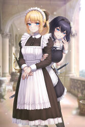 Rule 34 | 2girls, absurdres, apron, black dress, black hair, blonde hair, blue eyes, breasts, dress, flower hairband, grin, hairband, highres, large breasts, long hair, maid, maid apron, maid headdress, multiple girls, nomalman, original, own hands together, ponytail, sheath, sheathed, smile, sunlight, sword, weapon