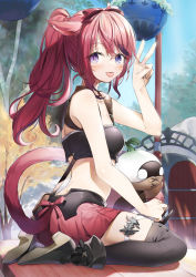 Rule 34 | 1girl, animal ears, bare arms, bare shoulders, black shirt, black thighhighs, blue eyes, bow, breasts, cat ears, cat girl, cat tail, crop top, day, facial mark, final fantasy, final fantasy xiv, hair bow, hand up, heterochromia, highres, long hair, looking at viewer, medium breasts, midriff, miniskirt, miqo&#039;te, outdoors, pleated skirt, ponytail, purple eyes, red hair, red skirt, revealing clothes, shirt, sitting, skirt, sleeveless, sleeveless shirt, slit pupils, solo, tail, thighhighs, tongue, tongue out, v, warrior of light (ff14), yana mori