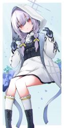 Rule 34 | 1girl, atsuko (blue archive), blue archive, boots, border, braid, commentary request, double v, dress, expressionless, full body, gloves, highres, hood, hoodie, izuoku, light purple hair, looking at viewer, low twin braids, outside border, parted lips, bulletproof vest, red eyes, sitting, socks, solo, twin braids, v, white border, white dress, white socks
